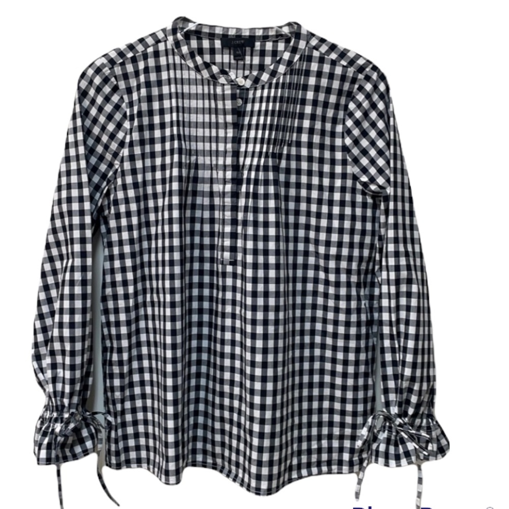 J. CREW TOP SIZE M WOMENS TALL MEDIUM GINGHAM PINTUCK LONG SLEEVE BLACK …